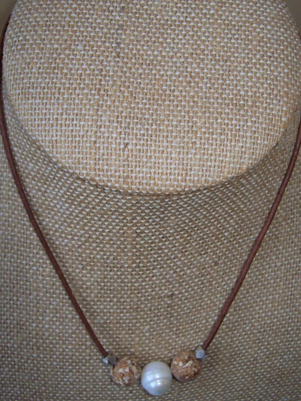 Brown Leather Choker with Jasper, Pearl, & Sterling Silver